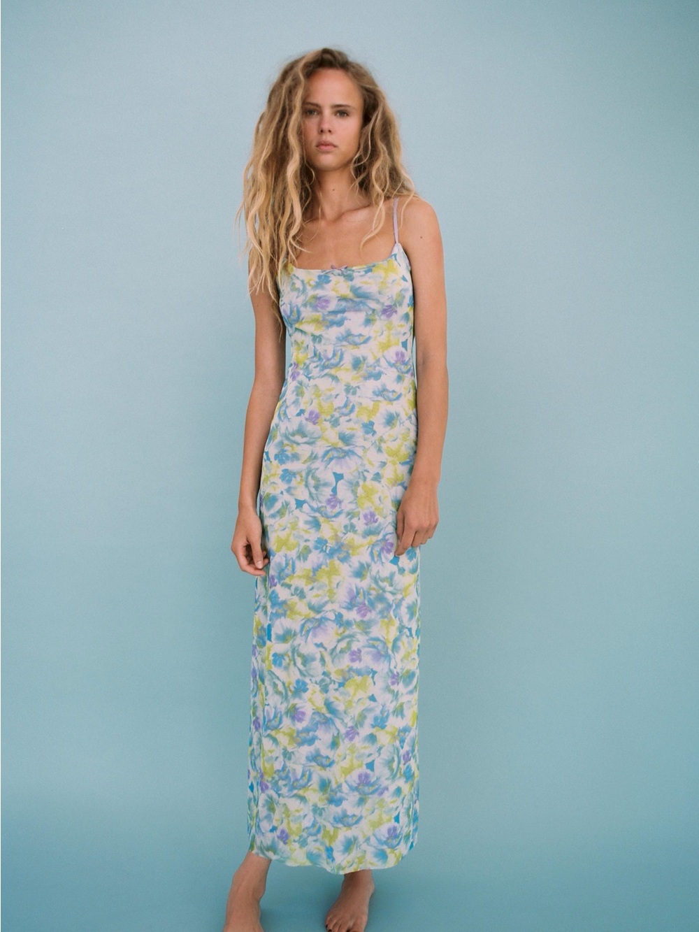 Zara Pastel Blue, green/Yellow & Lilac Floral open back Slip Maxi Dress